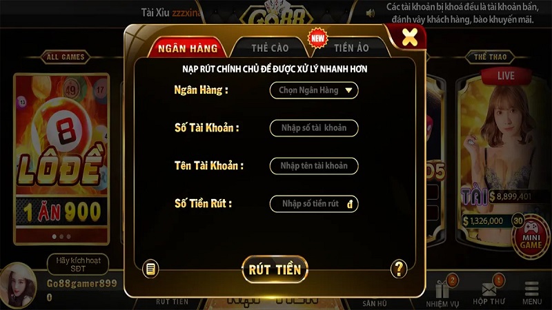 Hướng dẫn rút tiền cổng game Go88 qua tài khoản ngân hàng